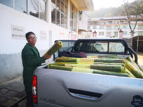 圖為煙農滿臉高興的開著皮卡車前來裝運地膜